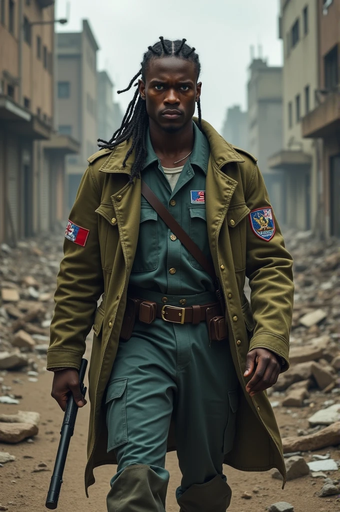 Full body black man, hair with nago braids, no beard and blue eyes. Wears a postman&#39;s uniform underneath a military coat. The background is post apocalypse 