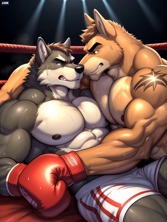Duo male(Brown Dog fighting Gray wolf), handsomes(handsome hairstyle, Thick eyebrows, detailed face), gay(Lying down, cuddling embraced, nose to nose, body with body, on a bed match), hot(Shirtless), handsomes(They are handsomes, correct anatomy), musculosos(Big muscle bodies, Six packs, muscle abs, big pecs), sweaty(very sweaty wet bodies, shiny sweat), tatuajes(they have tattoos), grumpy(Both have an grumpy expression, showing grumpy teeths, steaming breath), boxing gloves(They both are wearing boxing gloves), Hight resolution, by(Zourik:1.1)