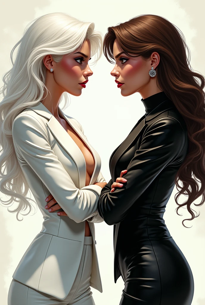 a girl with white hair, who is wearing a shiny white tuxedo is looking angrily at another girl who has dark skin and is brown-haired and is wearing a shiny black tuxedo. Both girls looking angrily at each other while standing with their arms crossed. The white-haired girl is on the left side while the dark-skinned girl is on the right side.. Marvel Comic Style