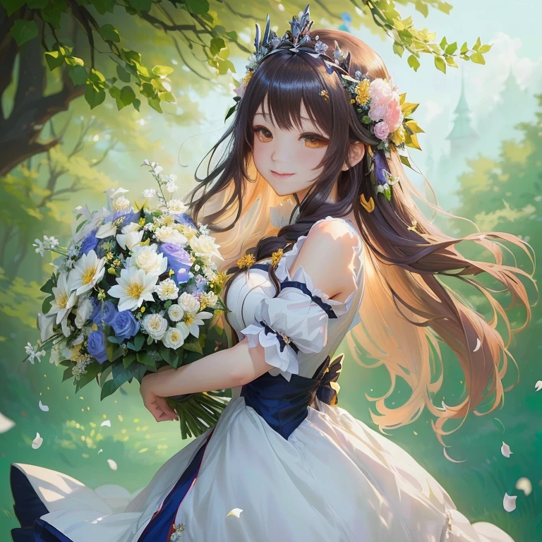 Anime girl with long hair and a crown holding a bouquet of flowers ...