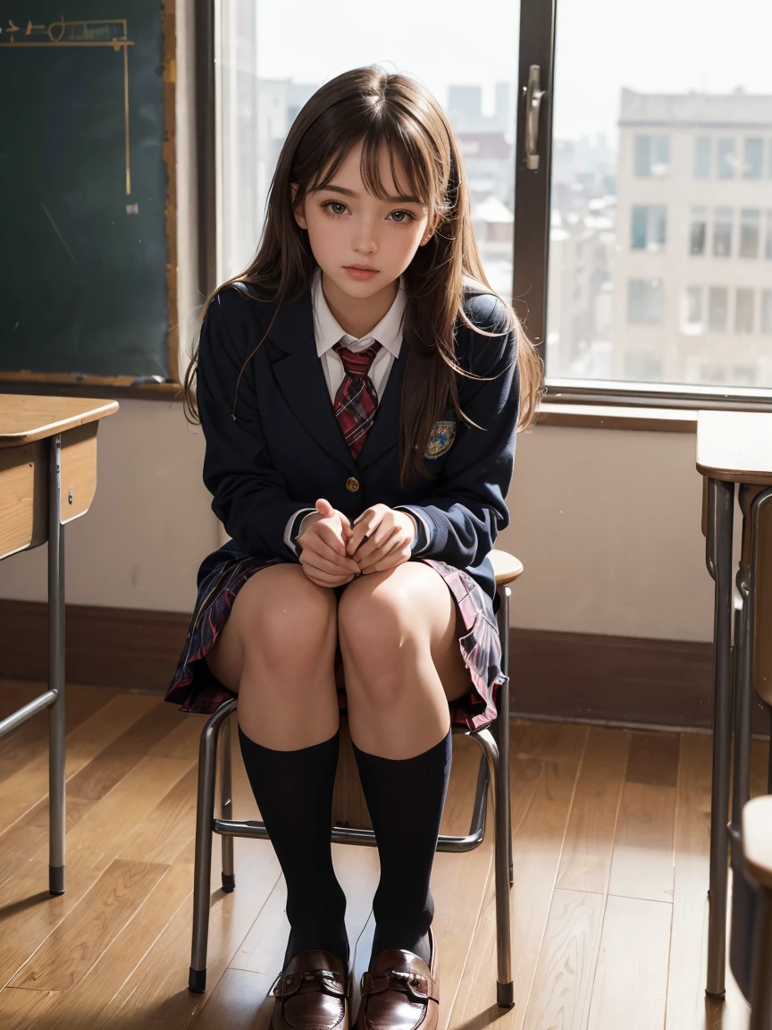 (Masterpiece, Best Quality, the most important work:1.5), (stunning school girl:1.5), the most beautiful school girl in the world, full body, highly detailed beautiful face and eyes, loving look, school tie, knee length pleated skirt, tartan check skirt, school knee-high socks, loafers, perfect anatomy, school