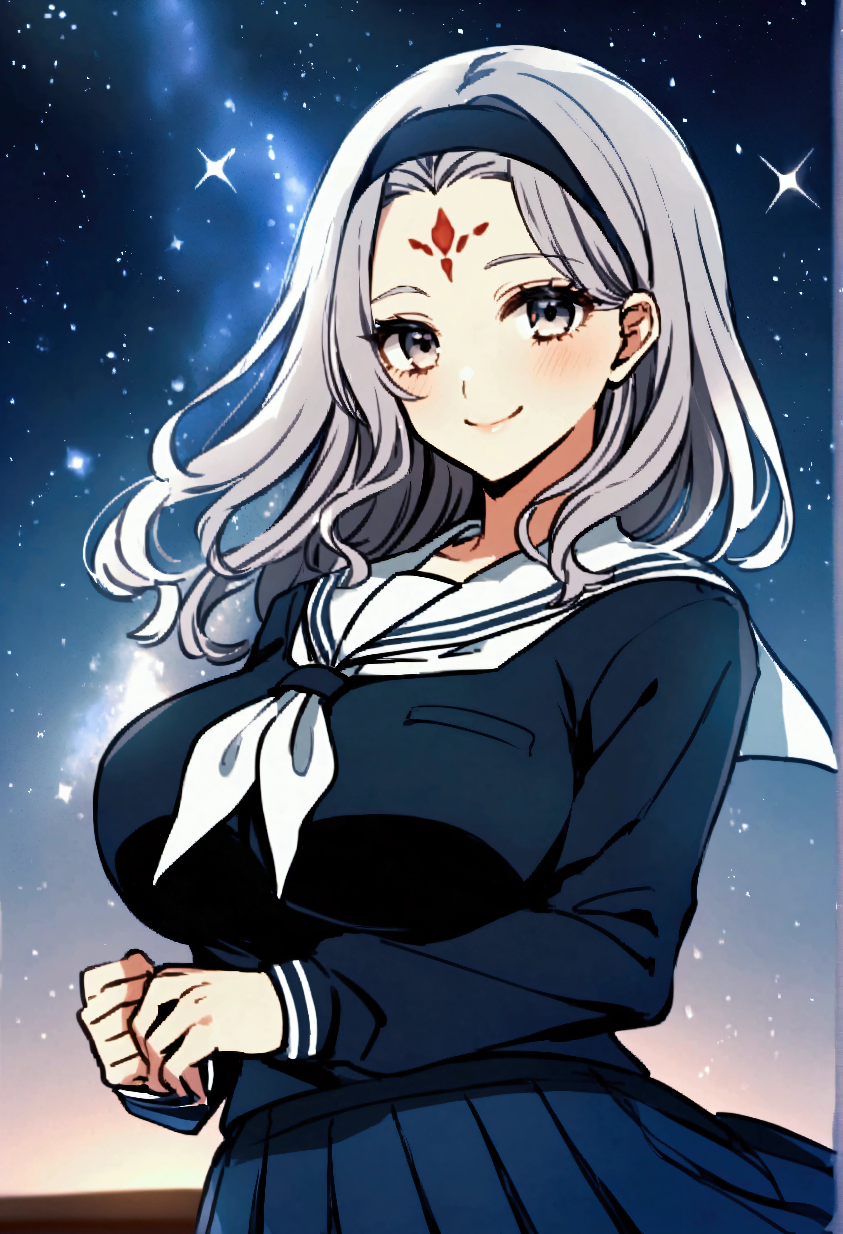 One person、ageha_cookie、Gray Hair、hair band、Forehead mark、Big Breasts、Staring at the audience、smile、school uniform、Sailor suit、Long sleeve、skirt、Upper Body