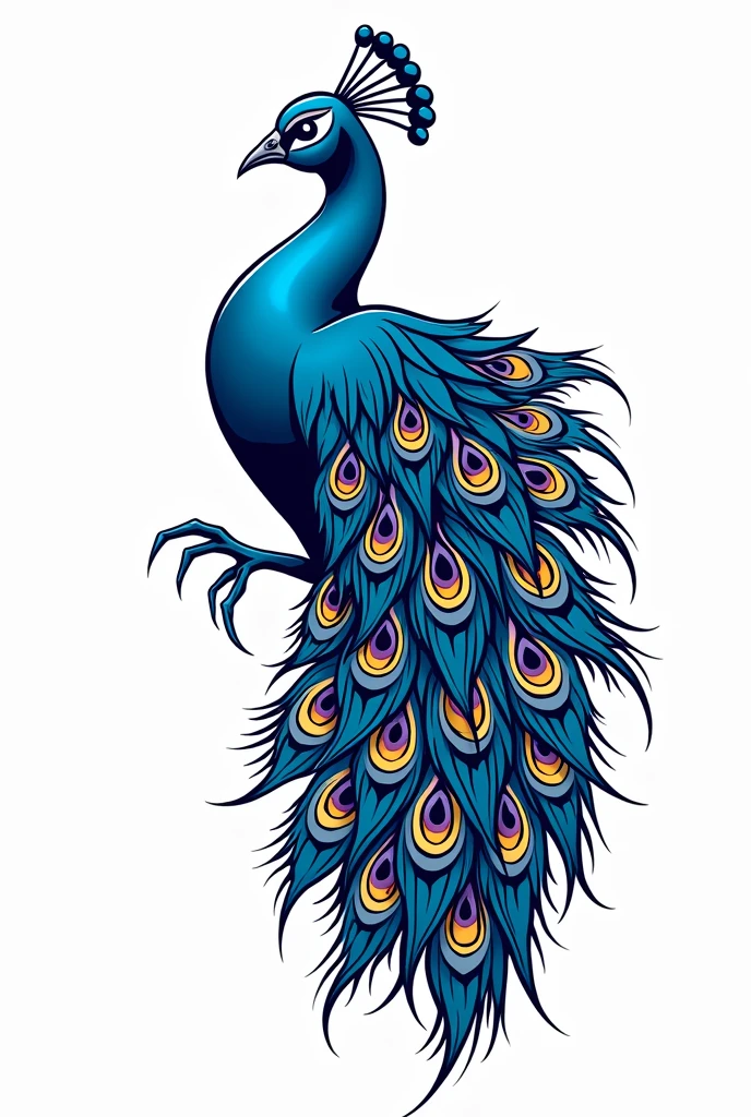 Blue peacock drawing from the side , with wings spread out to the side, in tattoo format with bold lines, colorful eye-shaped feathers