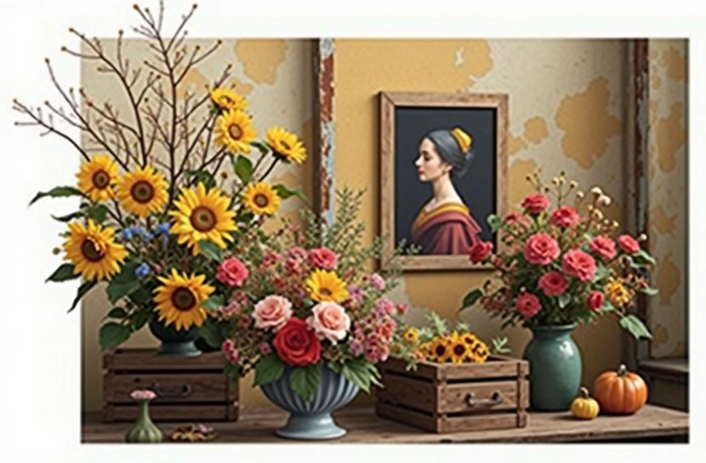 there are many flowers in vases and wooden crates on the floor, a portrait by Itshak Holtz, shutterstock, renaissance, renaissance autumnal, shades of gold display naturally, beautiful high resolution, 1/30, foreground background, rustic, autumn season, rusted metal and sunflowers, autumn, rustic setting, golden autumn, in autumn, photo studio background