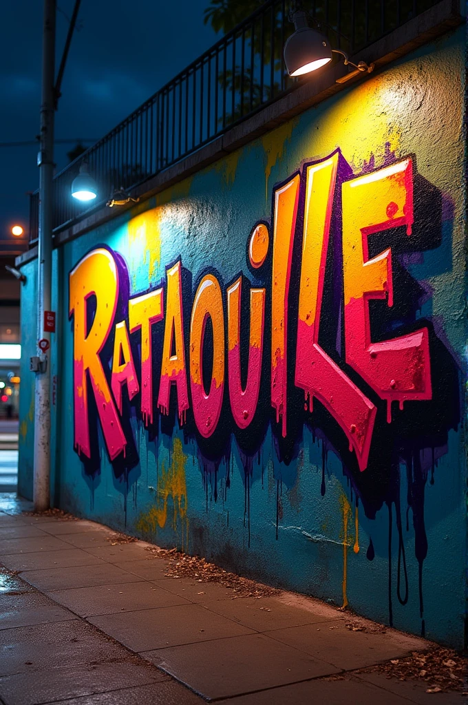 Create the name ratatouille in wild graffiti style On a wall at night