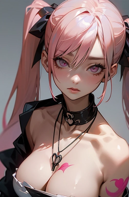Cool women、sexy、Center of chest、Rize from Chainsaw Man、beauty、Yandere、、Face close-up、Kiss with your eyes closed、Chest tattoo、Christian Dior Necklace、(Background white)、(Twin tails)、((Pink Hair))