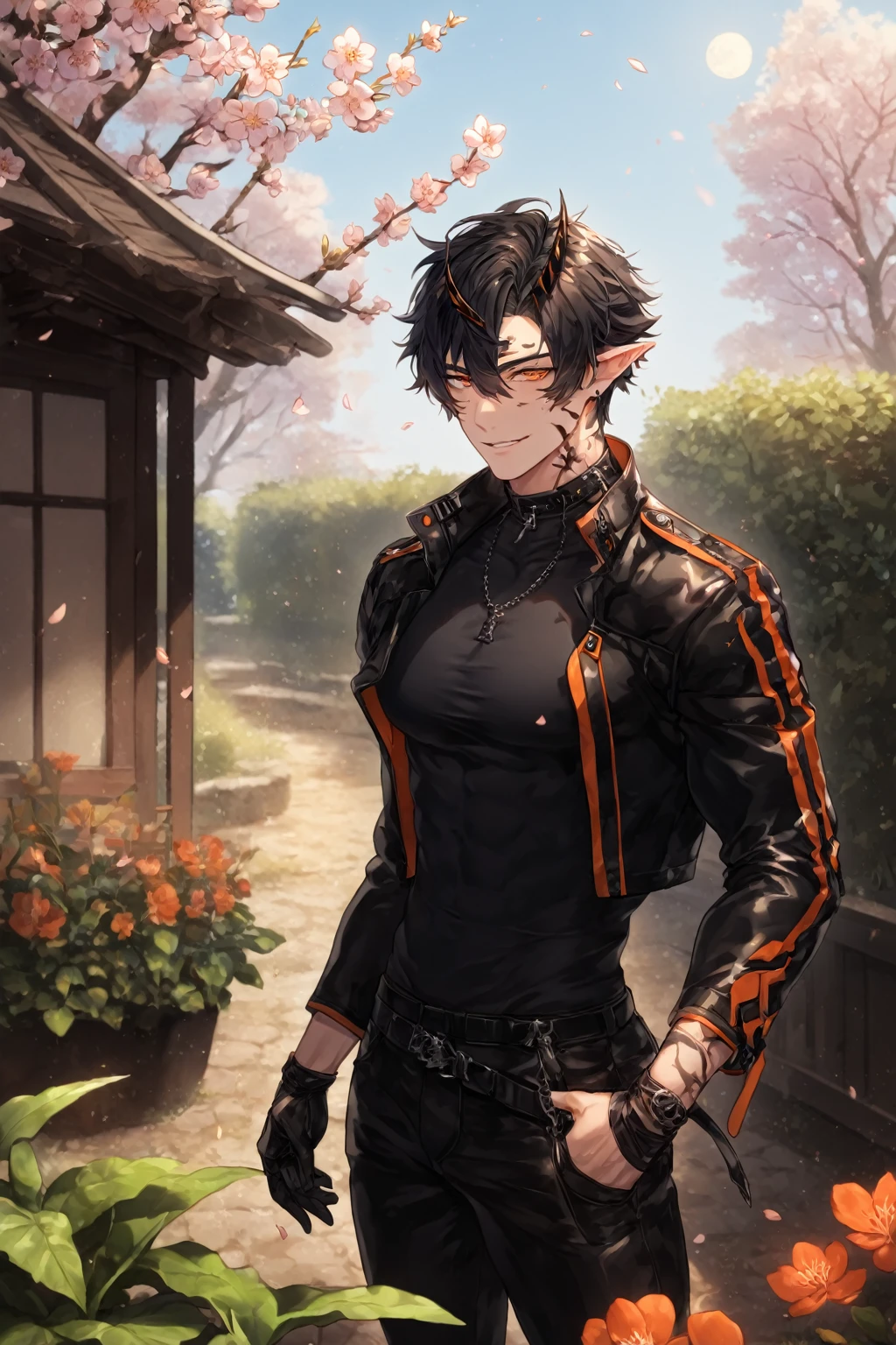 absurdres, highres, ultra detailed, HDR) master piece, best quality, extremely detailed, detailed face, detailed eyes, delicated features, Flamebringer, black hair, expressive orange eyes, Arknights, solo, sexy man, handsome, toned, manly man, sensual, adult face, black horns, slightly pointed ears, black marks on the face, smile, cropped leather jacket with orange patterns, black tight turtleneck shirt, collar, black leather pants, cherry blossoms, garden, pink flowers, fantasy, magical, moon, blue sky