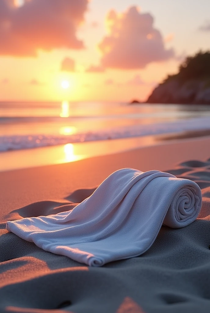 (photorealism:1.2), towel at sunset on beach