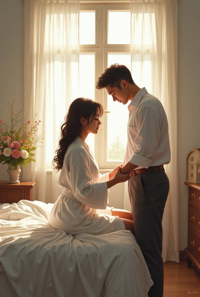 create an image where there is a couple (man and woman) where the woman has just gotten up and is sitting on a bed facing forward, wearing a white robe; on the other side of the bed is her husband getting ready to go to work and is with his back turned.