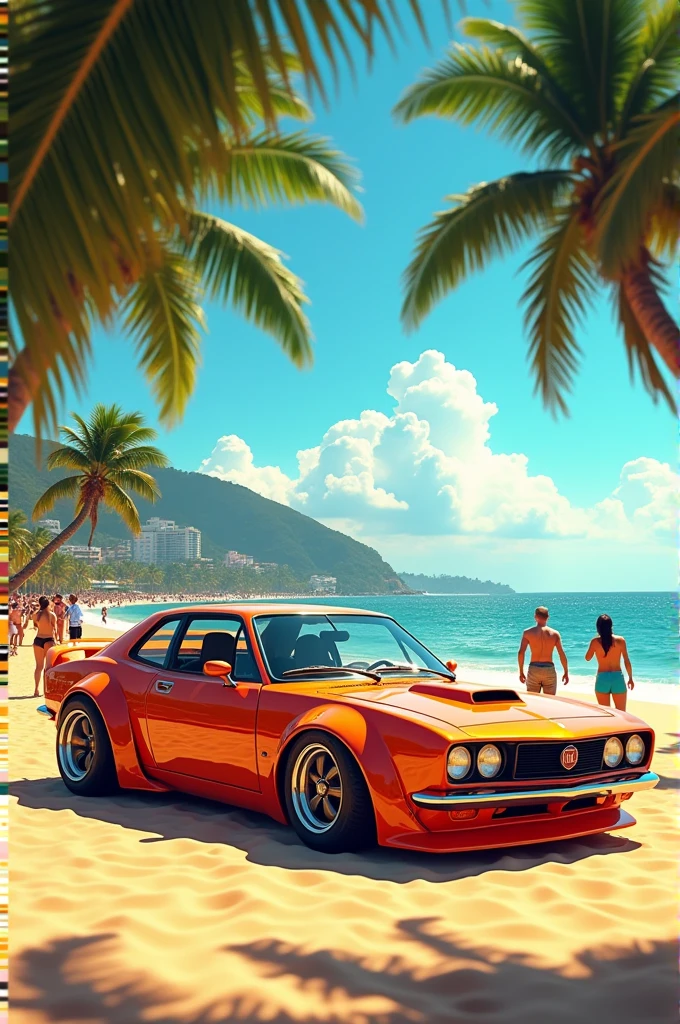 Fiat uno brazilian model with bory kit on copa cabana beach with palm trees and sunny sky with people admiring the car