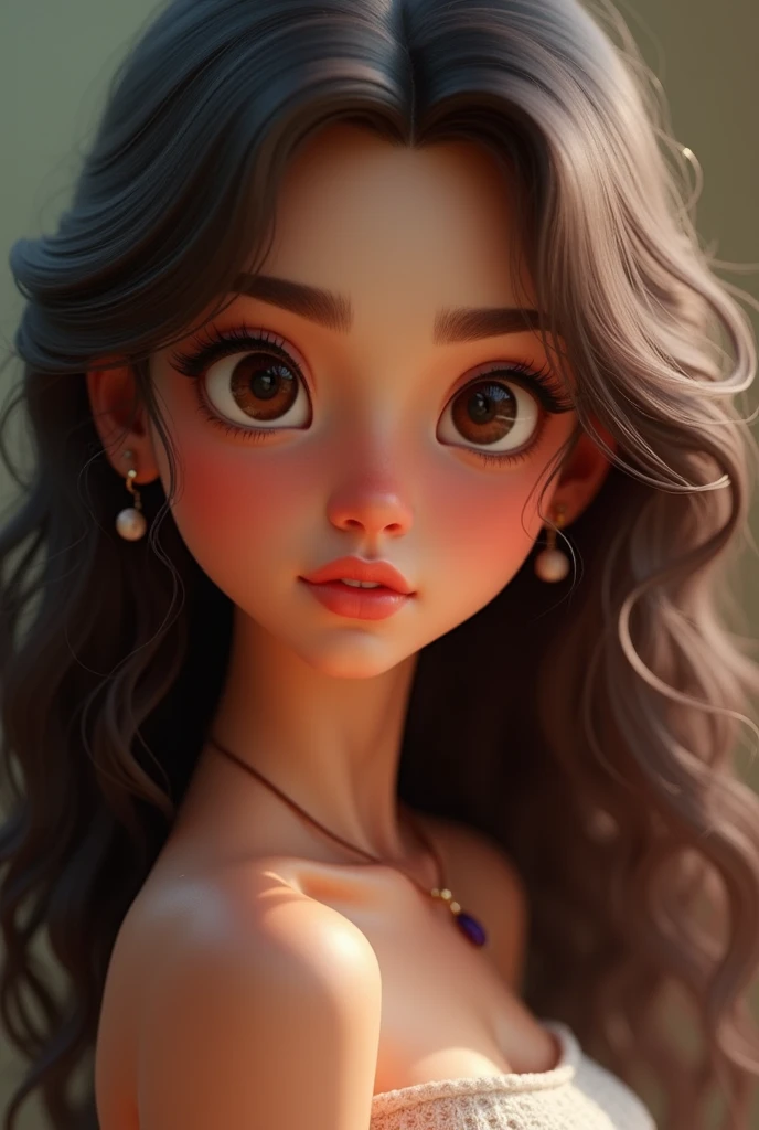 Brunette woman long curly hair dark round eyes birthmark under mouth Pixar 3d