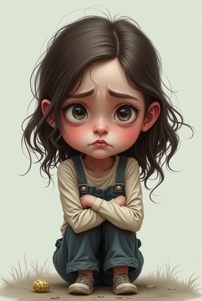Make a caricature with the theme of a girl who isolates herself from society with a sad and scared face.