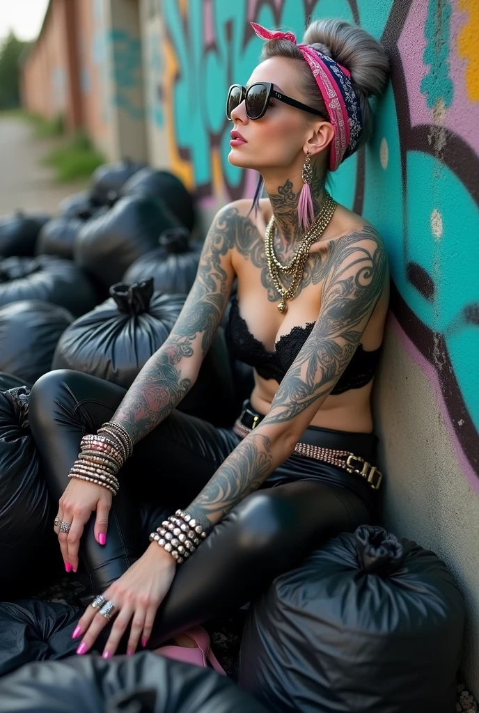 russian milf woman, grey hair (bouffant, top bun) and oversized square sunglasses and wide colourful bandana as headband, with very light green eyes, extremely pale. Big lips. Black lace push up bra, silicone breast,, tight skinny black low rise leather jeans. Light pink high heel mules. Lots of thick wide studded bracelets, chain necklaces and pink plastic earrings. Two loose studded pink belts. Long earrings with chains and feathers. Sitting, sinking in a pile of huge black plastic bags, arched back, and leaning her back against a graffitied wall, separated legs. Forearms on her knees. Pink nail polish. Neck, chest, stomach and wrists heavily tattoed. Toned abdominals, thin neck, slim legs and thin arms. Narrow hips. Full body. At a dead end street with graffitied walls, ground littered with waste . Some nuns get close, covering their mouths with her hands. Full body, point of view: from above