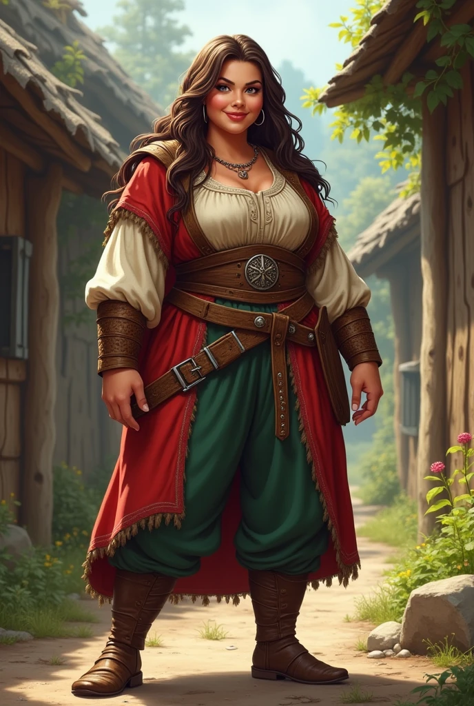 a medieval woman, viking, wearing pants and long sleeves, with Brazilian features and white. She is smiling in a charismatic and silly way, like a silly face. The woman must be very fat, with barbaric style. Use the character Luisa Forte and Terry Crews as references. Make the drawing more cartoonish.