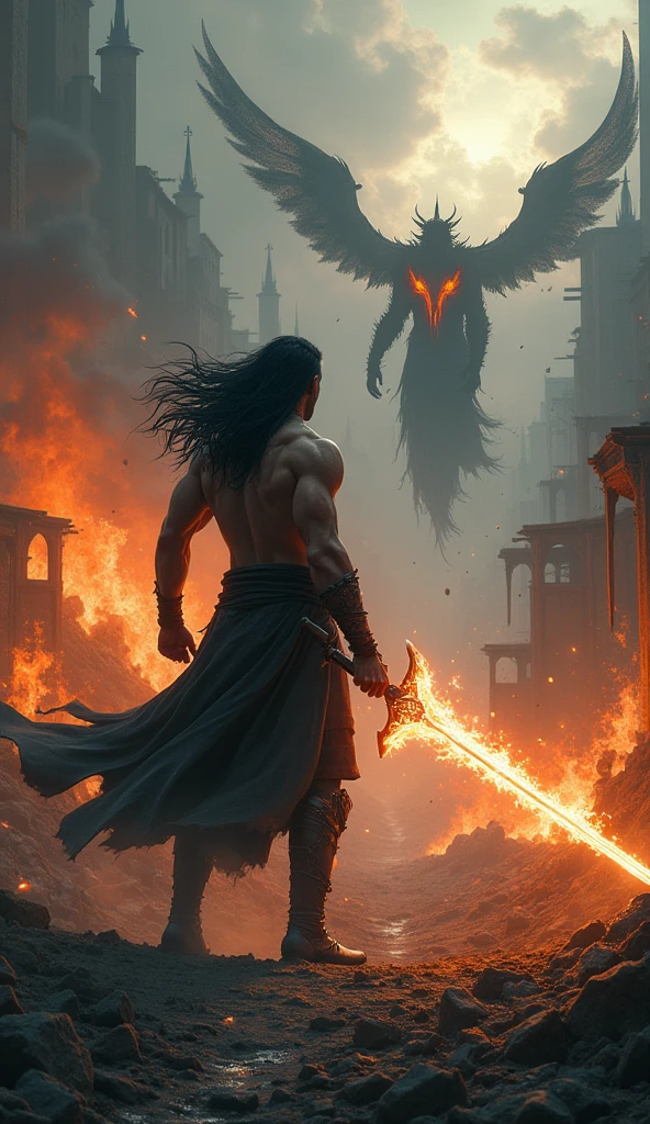Character Kentallion , , Black Hair, Fire Sword, setting: The village was destroyed, The house is on fire. Black creatures, Shadow Specter, Amber Eyes, Conceptual Art, Cinema Lighting, Cast a Shadow, Diffraction Spikes, Ultra Wide Angle, Hasselblad, Ultra-high resolution, masterpiece, Anatomically correct, 1080P, 4K, 8k, Highest quality