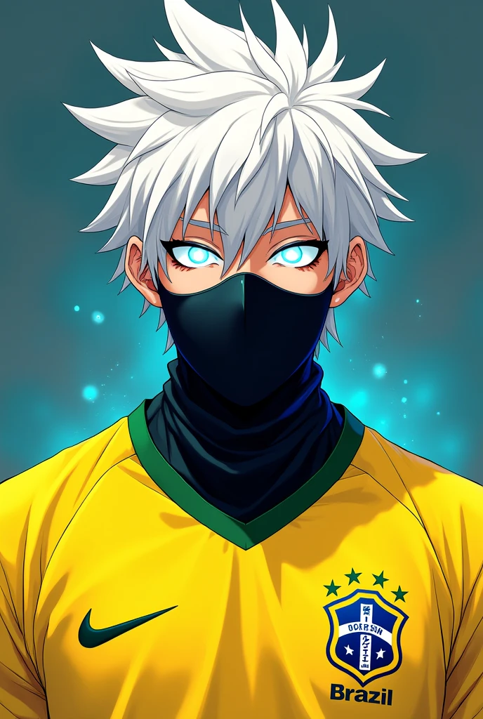 male anime type character with white hair a little pointy , with rock lights in the eyes ,and a black mask and a yellow shirt of the Brazil team from the 2022 World Cup