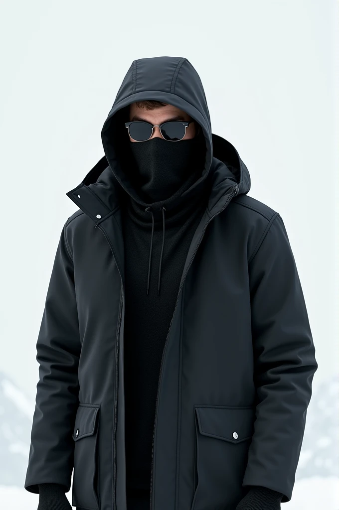Man wearing a black snow jacket with the hood on his head and a black balaclava and black glasses on a white background 