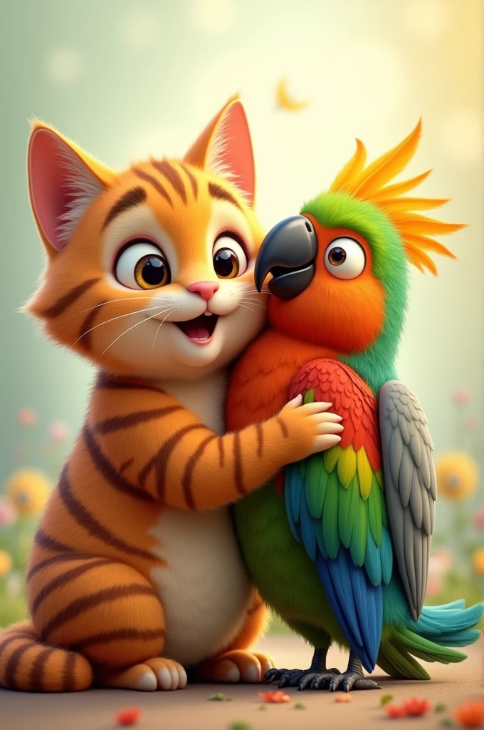 Create an orange cat, a parrot and a cockatiel smiling and hugging each other 