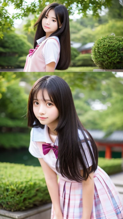 Beautiful Japan Junior High School Girl、thin、masterpiece、High resolution、Realistic、Bunching hair into one、Full body angle、Realistic