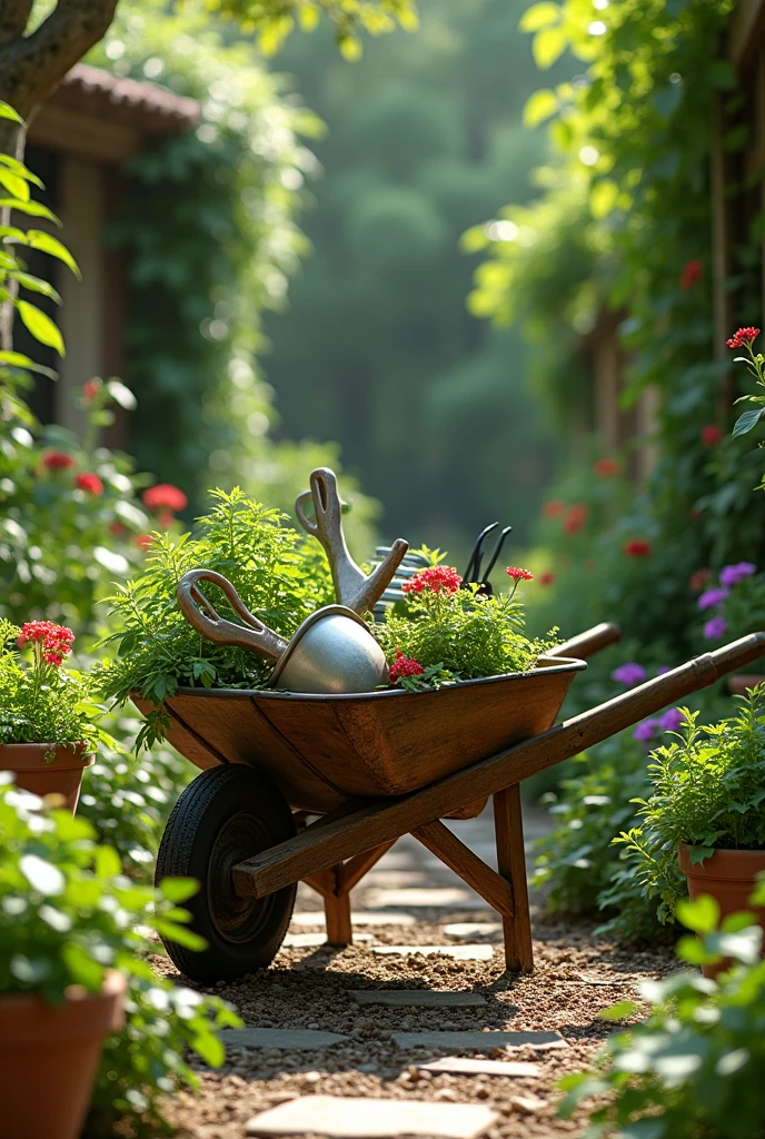 Garden with bright green colors, colored silvers, a wheelbarrow with garden tools pots with plants on the floor Real image