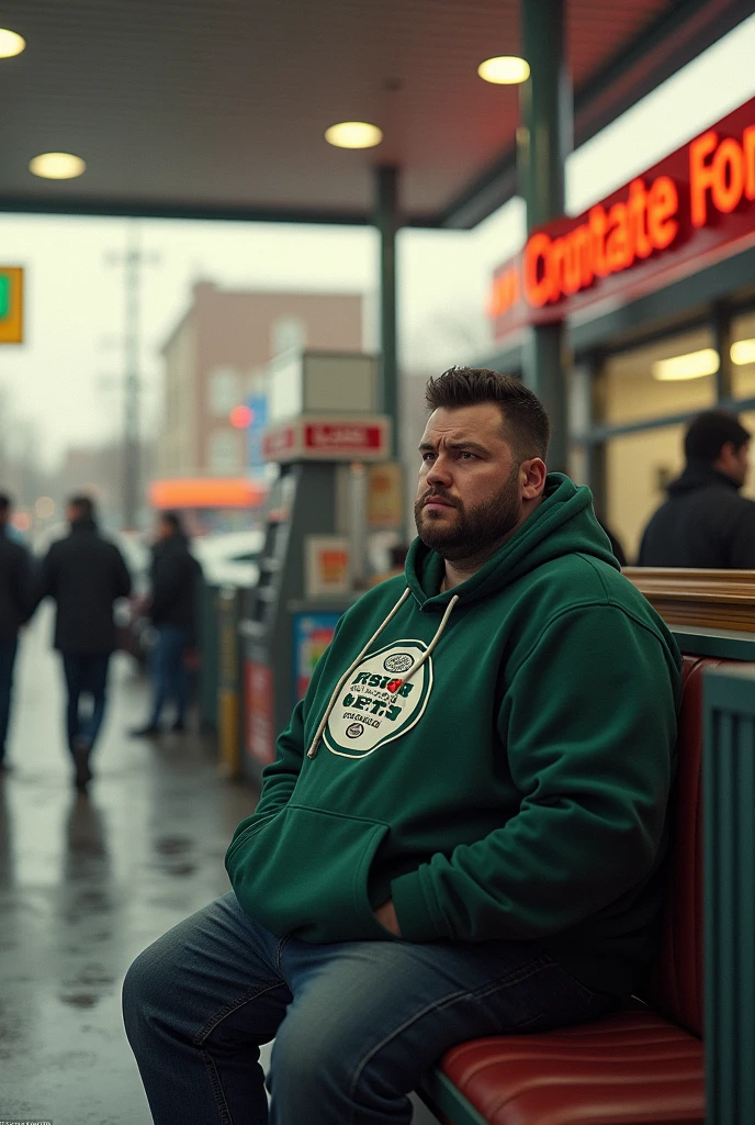 A conoco gas station with a 20 year old fat man with a jets hoddie sitting in the booth while the station is busy. 