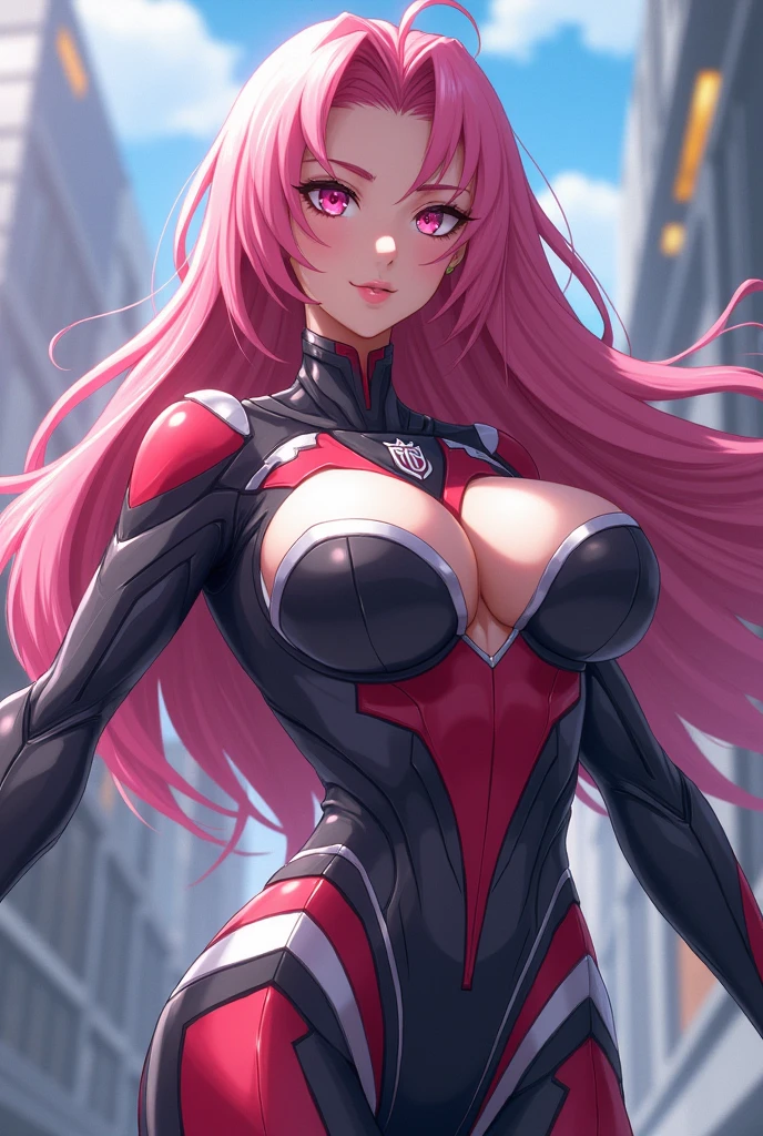 Create an anime character with these characteristics, She's a girl. She has long pink hair and her eyes are also pink.. she has big breasts. Belongs to the Autobots Elite Guard
