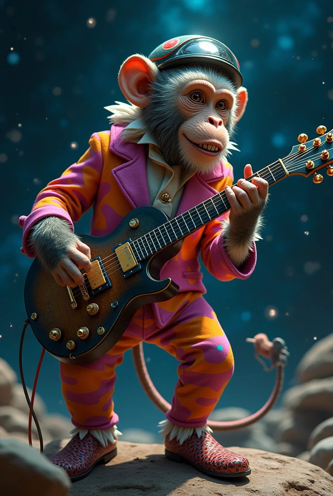 create a picture of a guitarist monkey in a clown suit and helmet performing in outer space
