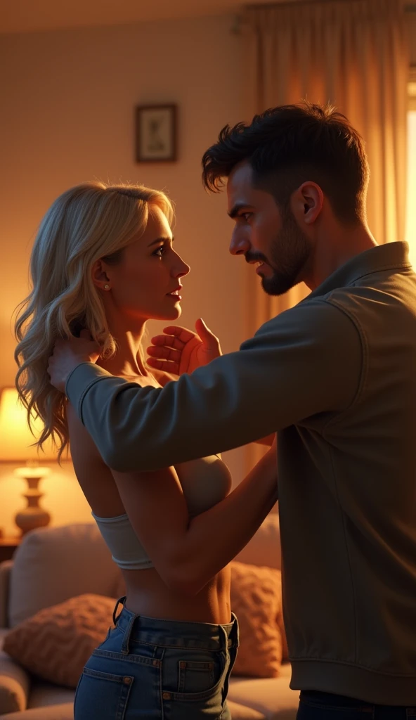 An angry handsome young man giving his blonde wife a push at home, at evening, pixar style, cinematic, masterpiece, high-aesthetic, portrait  