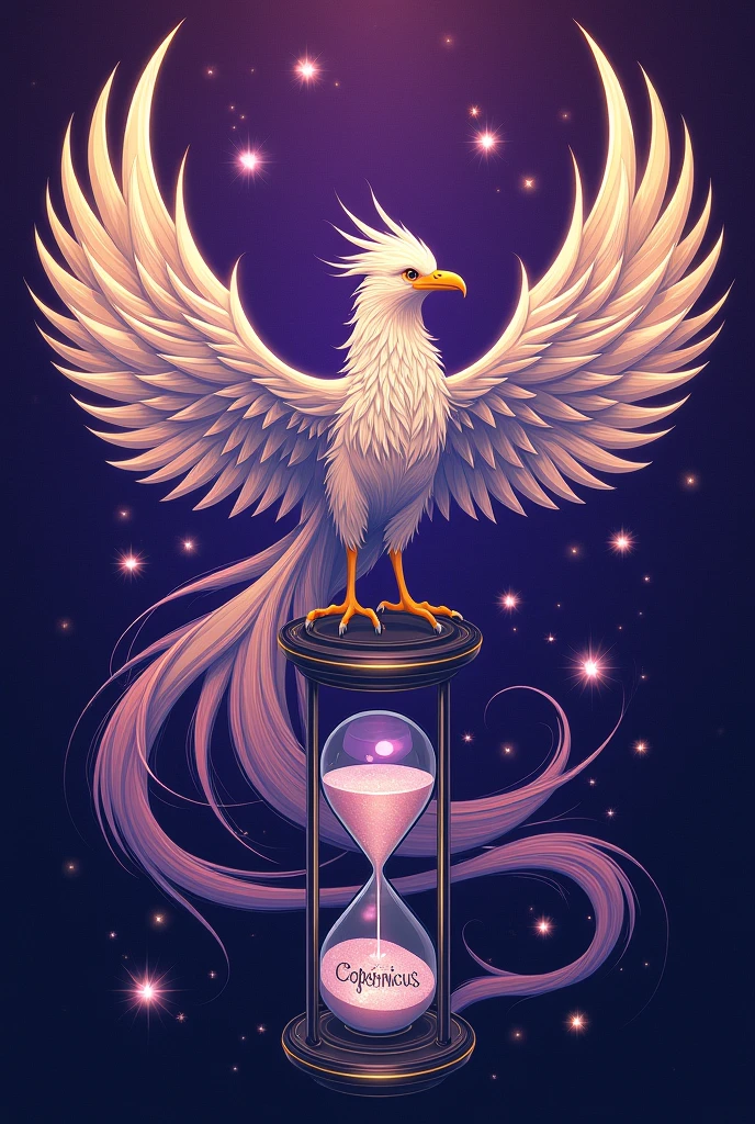 Just purple background with a phoenix , holding an hourglass written "Copernicus" written in larger white, with the black outline on top with star details