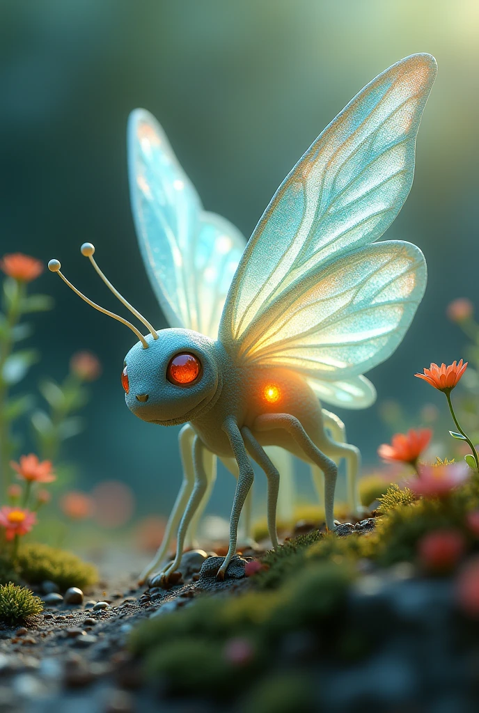 Meta tested - Generate a detailed image of a fantastical creature, resembling a hybrid of a butterfly , with a translucent body. Place this creature in a miniature world, The overall atmosphere should be dreamy and magical, with a bokeh background that emphasizes the tiny, enchanting details of the creature and its surroundings. The style should combine elements of hyper-realism and fantasy, capturing the delicate textures and vibrant colors with stunning clarity