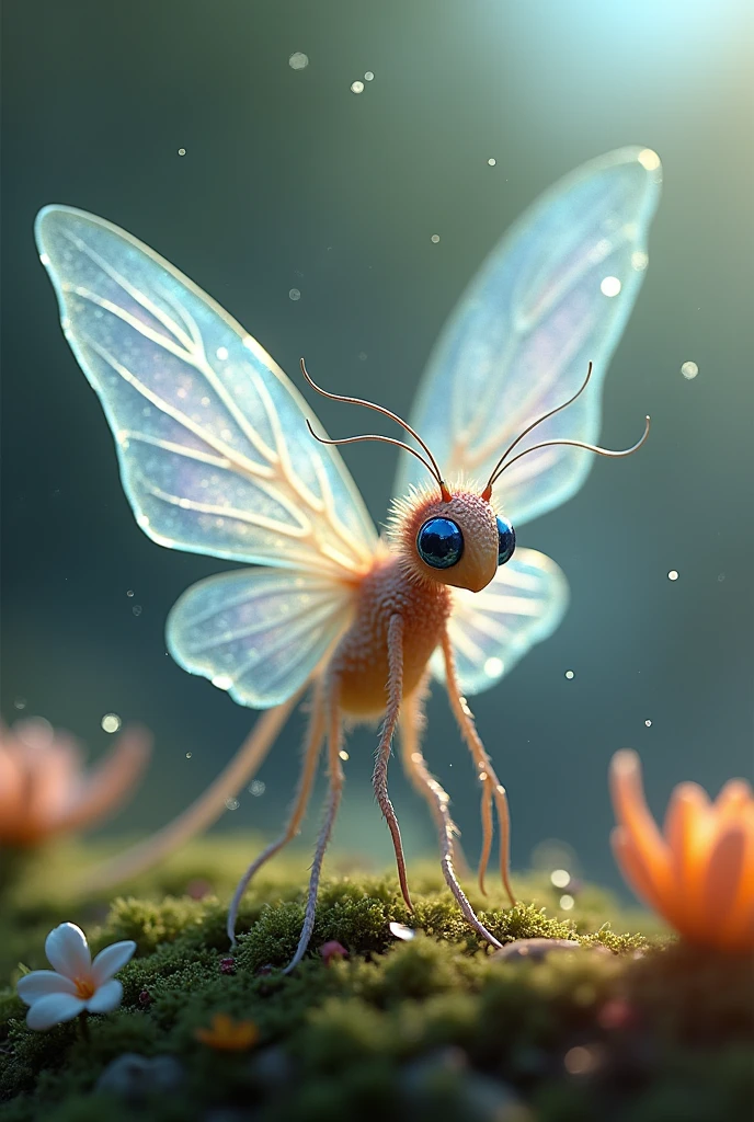 Meta tested - Generate a detailed image of a fantastical creature, resembling a hybrid of a butterfly , with a translucent body. Place this creature in a miniature world, The overall atmosphere should be dreamy and magical, with a bokeh background that emphasizes the tiny, enchanting details of the creature and its surroundings. The style should combine elements of hyper-realism and fantasy, capturing the delicate textures and vibrant colors with stunning clarity