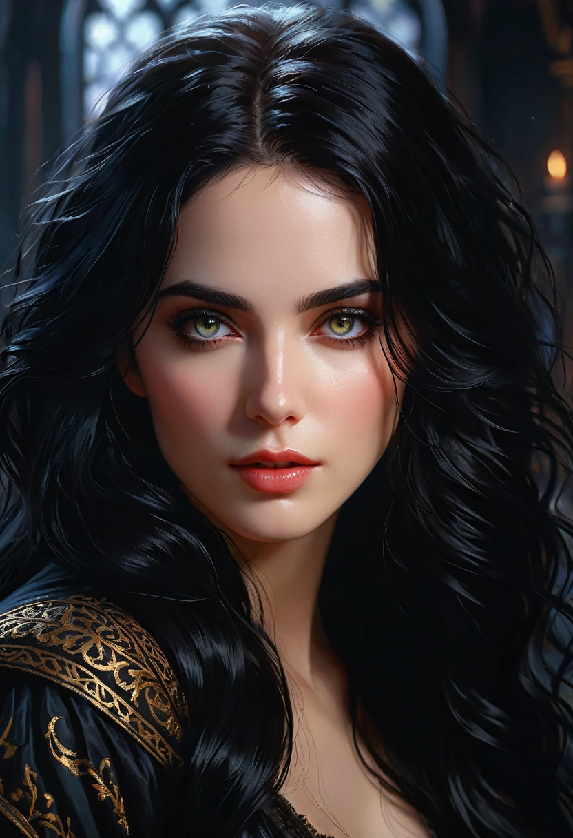 Yennefer of Vengerberg, oil painting portrait, art by Ana Bocek, Michael Komarck, andreas rocha, intricately detailed fluid gouache painting, sensual and alluring, in her 30's, long black hair, stunnigly beautiful, perfect eyes, Procreate, depth of field, ray tracing, whimsical, detailed, highly detailed :: vibrant :::production cinematic character render :: ultra high quality model soft lighting :: mystical indirect light