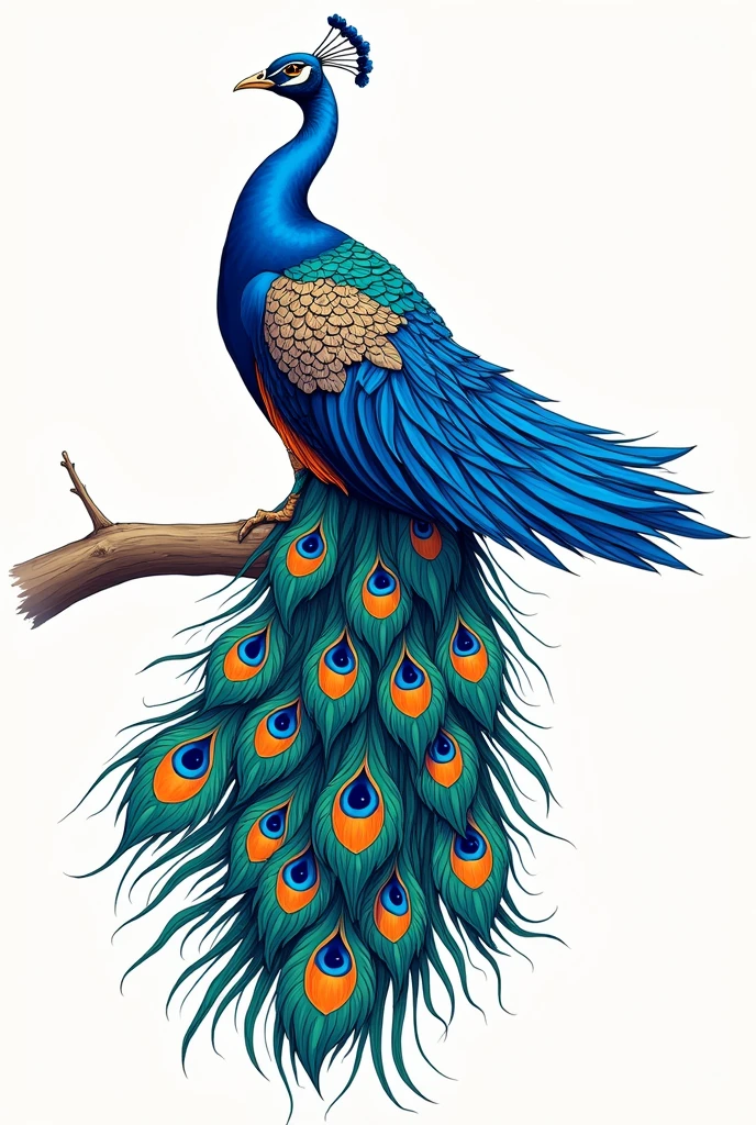 Blue peacock drawing from the side , with wings spread out to the side, in tattoo format with fine and bold lines, colorful eye-shaped feathers