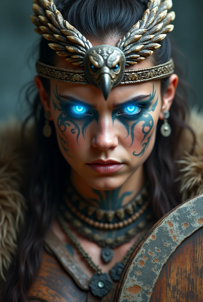 Close up face beautiful viking woman, wooden shield in hand , strong blue light in the eyes, eagle crown , tribal design on the eyes, Angry, bone ornaments on the neck, leather armor, focused