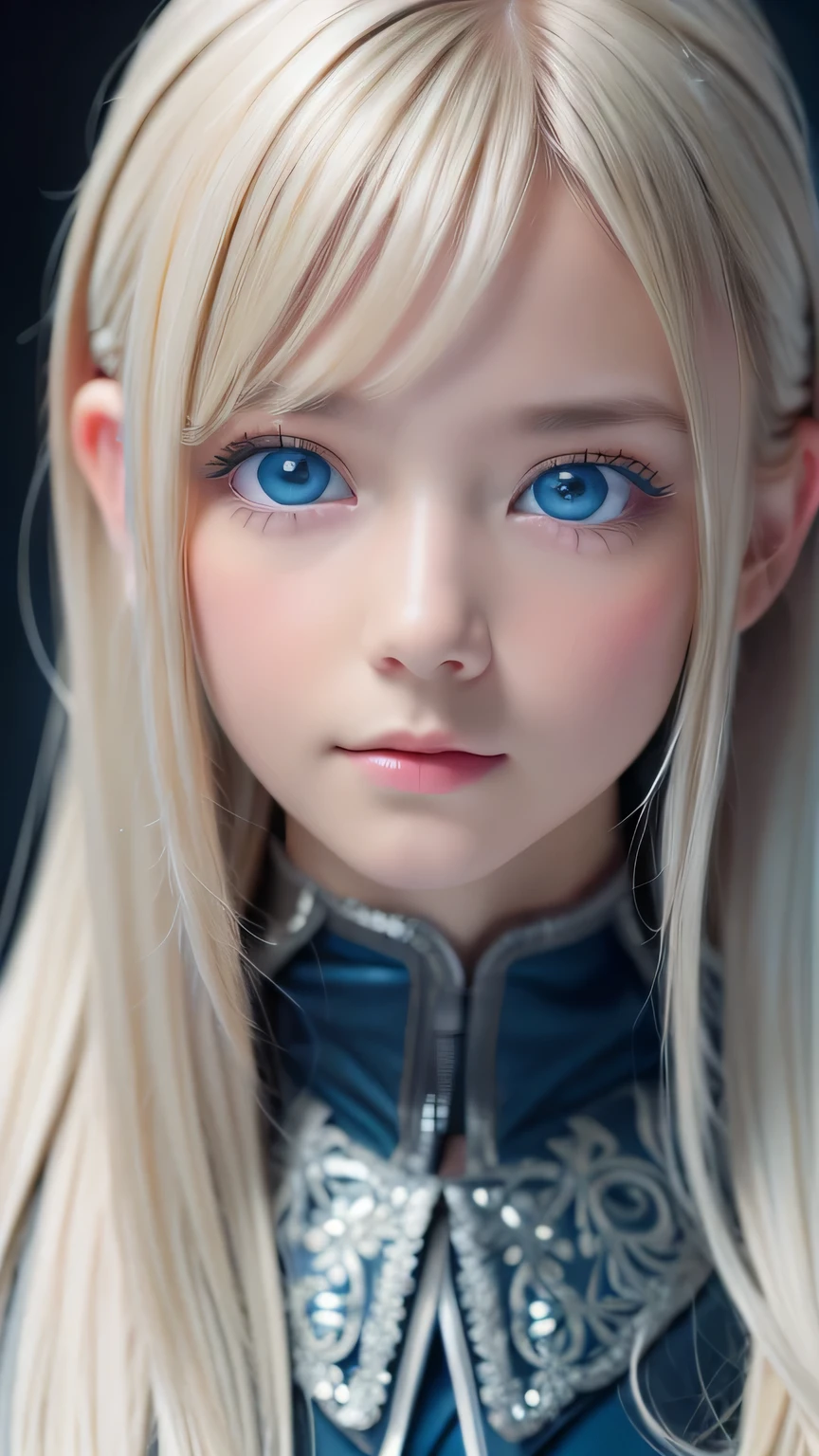 Highest quality、8K masterpiece、Ultra-high resolution、(Realistic:1.3)、RAW Photos、 Scandinavian girl with shiny blonde hair、Silvery blonde hair、Super long straight hair、Bangs between the eyes、Bangs that fall over the eyes、Bangs over one eye、Bangs between the eyes、White and glowing skin、1. Cyberpunk Super Beautiful Soldier、((Ultra-Realistic Details))、Portraiture、Global Illumination、Shadow Realm、Octane Rendering、8k、Ultra Sharp、metals、Cool colors、、Very intricate details、Realistic Light、Trends of the CG Association、Very beautiful big bright blue eyes、Very big eyes、Eyes shining at the camera、Neon Details、Small Face Beauty、Round face、Highlights of cheek luster、eyeliner