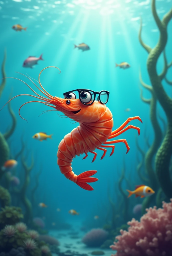 Shrimp logo in the sea with black glasses