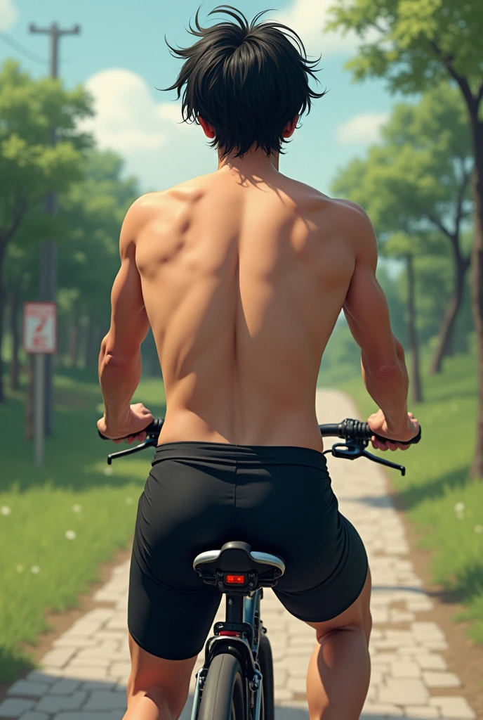 1boy、Photo Quality、Cute handsome man、Mash Hair、Japanese male, 、Completely naked、Full nudity、erection、Huge penis、Highest quality、Realistic、beautiful、Rear view of a person riding a bicycle