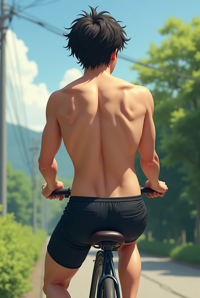 1boy、Photo Quality、Cute handsome man、Mash Hair、Japanese male, 、Completely naked、Full nudity、erection、Huge penis、Highest quality、Realistic、beautiful、Rear view of a person riding a bicycle
