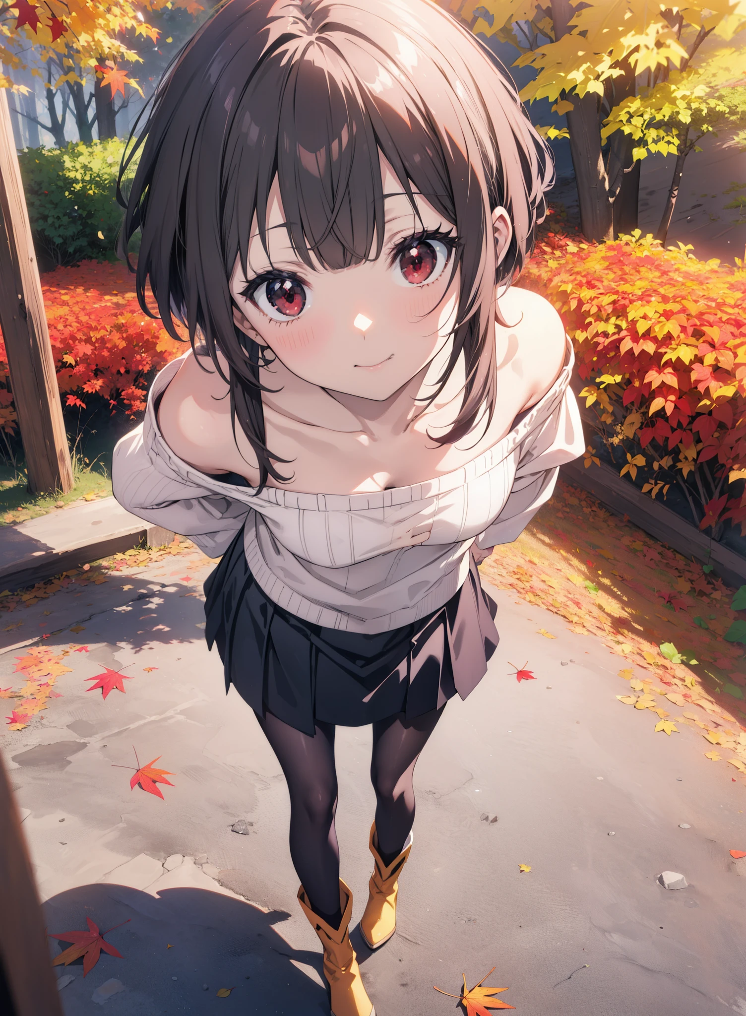 konosubaMegumin, Megumin, short hair, Black Hair, (Red eyes:1.3), short hair with long locks,smile,One-shoulder sweater,mini skirt,Black pantyhose,short boots,autumn leaves,autumn leavesが積もっている,autumn leavesが散っている,Walking,Daytime,Clear skies,whole bodyがイラストに入るように,
break outdoor, forest,
break looking at viewer,whole body, 
break (masterpiece:1.2), Highest quality, High resolution, unity 8k wallpaper, (figure:0.8), (Beautiful attention to detail:1.6), Highly detailed face, Perfect lighting, Highly detailed CG, (Perfect hands, Perfect Anatomy),