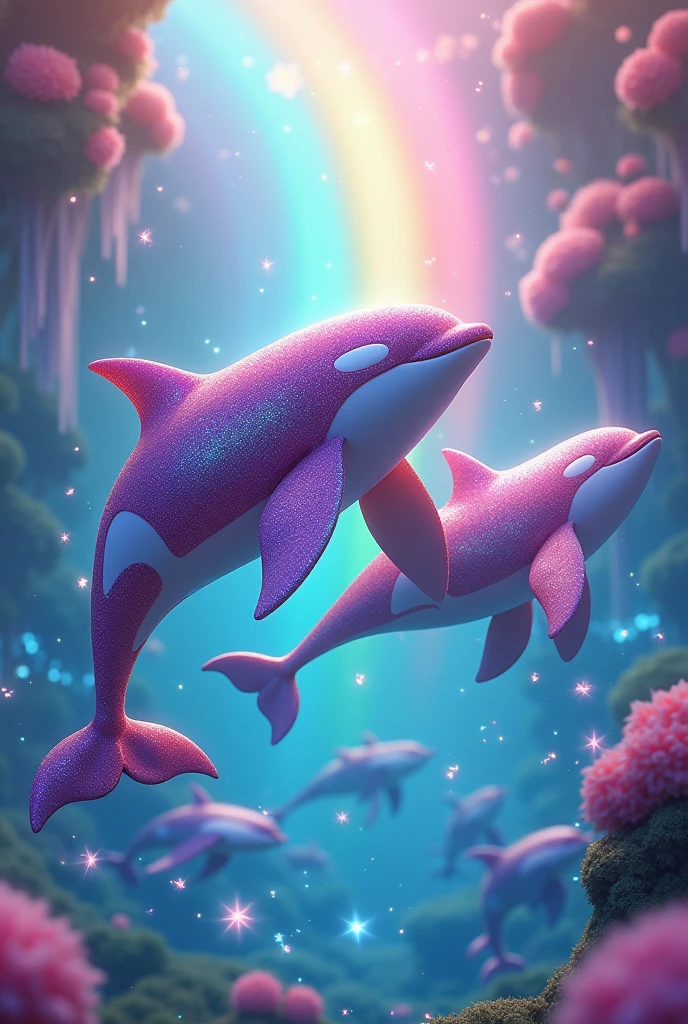 Very colorful and magical animated orcas from a princess world with rainbows and sparkles and lots of magical things