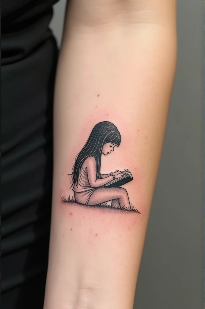 **Description détaillée pour le tatouage :**
- **Silhouette** : Une seule enfant, une fille avec des cheveux longs, assise en train de lire un livre. Ses cheveux tombent délicatement sur ses épaules, représentés par des lignes douces et naturelles.
- **Style** : Minimaliste, utilisant des lignes fines pour les contours de la silhouette. Aucune zone remplie de noir, pour un effet léger et épuré. Le dessin reste discret tout en étant expressif.
- **Taille** : Conçu pour l'avant-bras, le tatouage est de taille modérée, suffisamment petit pour rester discret mais avec assez de détails pour être significatif.
- **Couleurs** : Le tatouage est uniquement en noir, sans couleurs vives ni ombrages lourds. Le dessin reste sobre, avec une approche minimaliste.