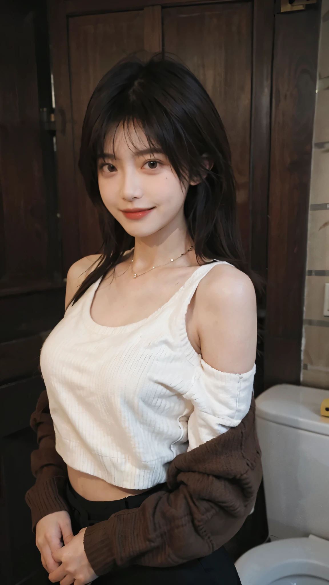 best qualtiy， Ultra-high resolution， （realisticlying：1.4），cute hairpin，Baoyu Girl，1girll,Cropped red sweater ，Beautiful woman with a slim figure:1.4, abs:1.1, (A brown-haired, mideum breasts:1.3), bathroom,Ultra-fine face，Elaborate Eyes，double eyelid，ssmile，choker necklace