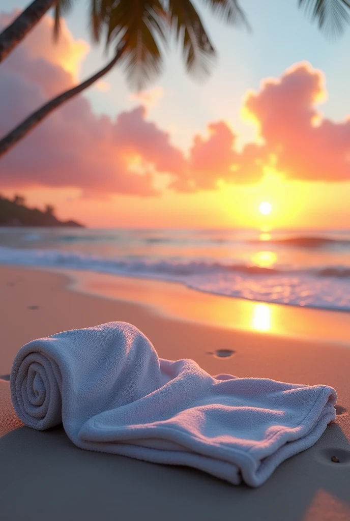 (photorealism:1.2),  towel at sunset on beach