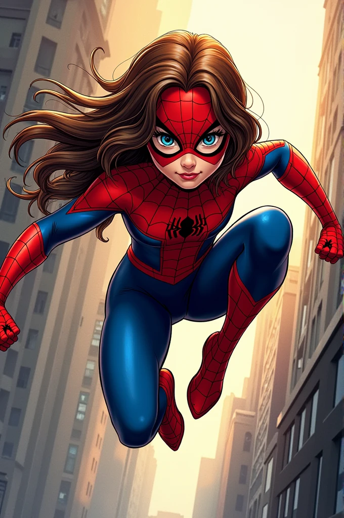 Girl with brown hair in red spiderman suit, Marvel Comic Style