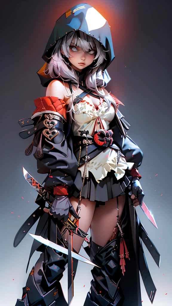 envision a 8k, highres, cinematic, beautiful full body concept art design of a ninja girl with pretty features posing dynamically with a katana, ((surrounded by deep red magical energy outlined by a red light)), with white multicolored hair, a white camisole, black jacket with hood up with light armor plates, red pleated skirt, thigh high boots, knives, daggers, kunai, tech accessories, guns, katana's on her back, black eye mask with white eyes , in dark lighting, against a dark gray background