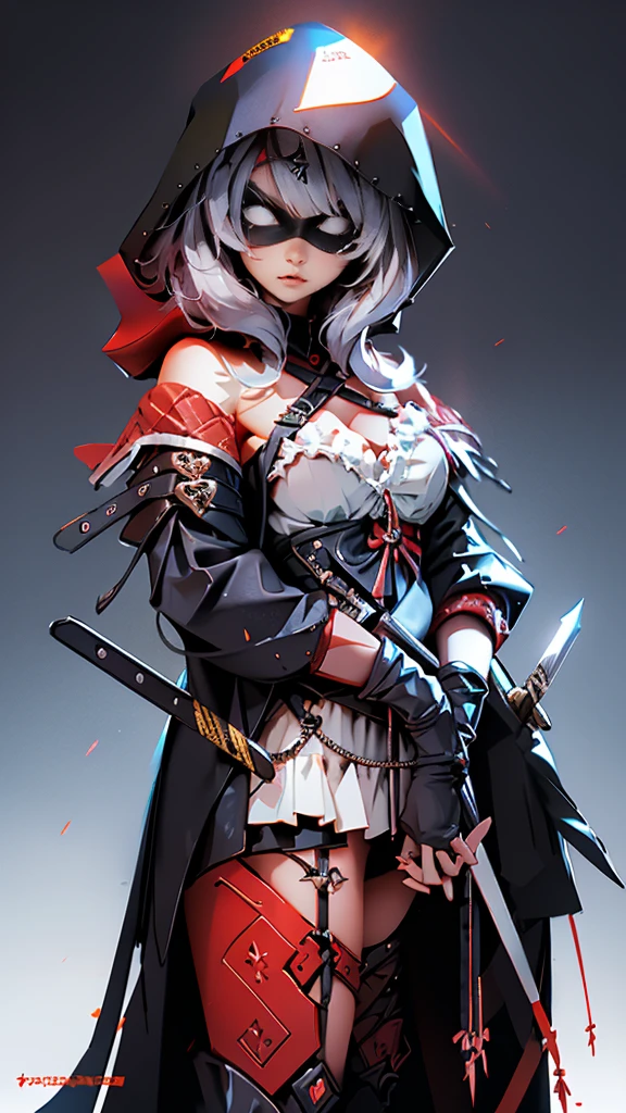 envision a 8k, highres, cinematic, beautiful full body concept art design of a ninja girl with pretty features posing dynamically with a katana, ((surrounded by deep red magical energy outlined by a red light)), with white multicolored hair, a white camisole, black jacket with hood up with light armor plates, red pleated skirt, thigh high boots, knives, daggers, kunai, tech accessories, guns, katana's on her back, black eye mask with white eyes , in dark lighting, against a dark gray background