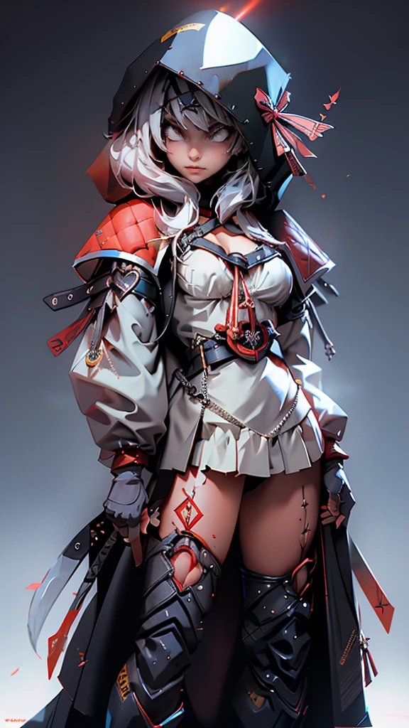 envision a 8k, highres, cinematic, beautiful full body concept art design of a ninja girl with pretty features posing dynamically with a katana, ((surrounded by deep red magical energy outlined by a red light)), with white multicolored hair, a white camisole, black jacket with hood up with light armor plates, red pleated skirt, thigh high boots, knives, daggers, kunai, tech accessories, guns, katana's on her back, black eye mask with white eyes , in dark lighting, against a dark gray background