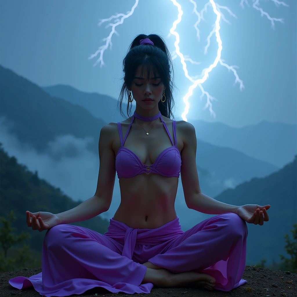 1 nubile Japanese girl wearing vivd glossy Jezebel in the bible costume and in namaste and extreme squatting, 3:4 full frontal body portrait, ((merge and use young faces of Lynda Carter and Rila Fukushima into best 50/50 blend)), (eyes wide open, wide open eyes, blank stare, best detailed face, best lifelike face, best lifelike nose and eyes), Grecian upstyle hairstyle with high standing ponytail, pucker lips, pale snowy colored skin, huge hoop earrings, bodacious, playboy playmate archetype, perfect bikini body, (((massive breasts))), sweaty, show armpits, showing both armpits, cameltoe, underboobs, wearing vivid glossy neon-purple harem ensemble, mindless facial expression, deeply hypnotized facial expression, deeply entranced facial expression, ((primeval backdrop with Intense lightning strikes and severe thunderstorms towering over misty mountains)), (RAW Photo, 12K, best quality, best masterpiece, hires, best realism, best photorealism, vivid colors and natural outdoor lighting)