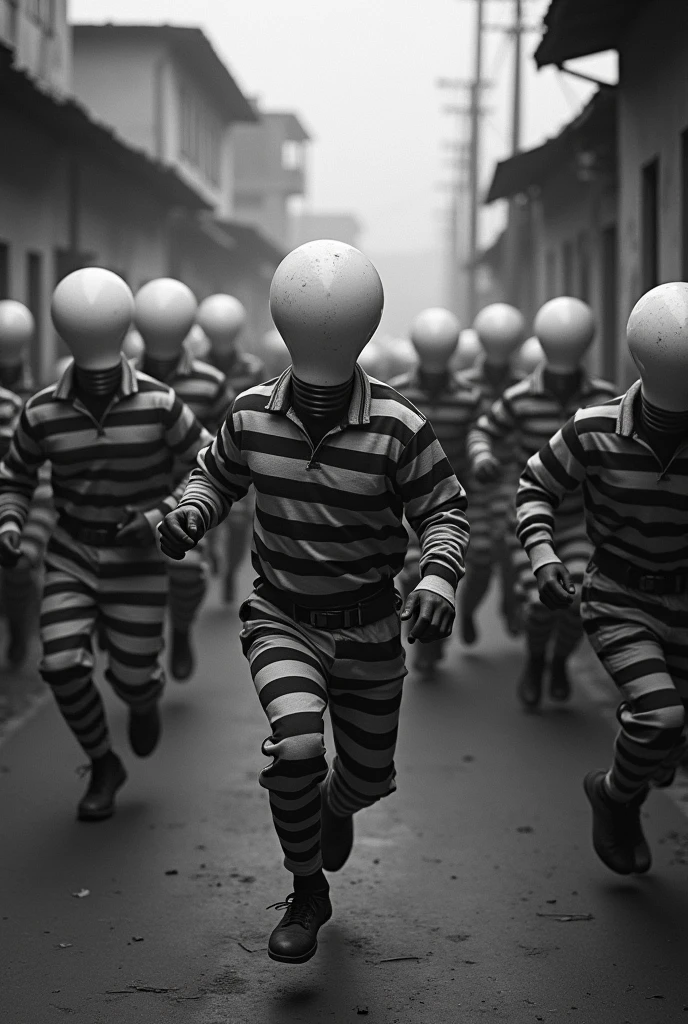 Creates an image of a bunch of bandits running away in black and white striped prison clothes, in the background of the images there are favelas, images of shacks, Behind these prisoners there are a lot of people pointing their fingers at them and running after them, but these people's heads are similar to those old yellow, oval-shaped lamps that were used in houses in the past. People are holding a bunch of light bulbs in their hand
