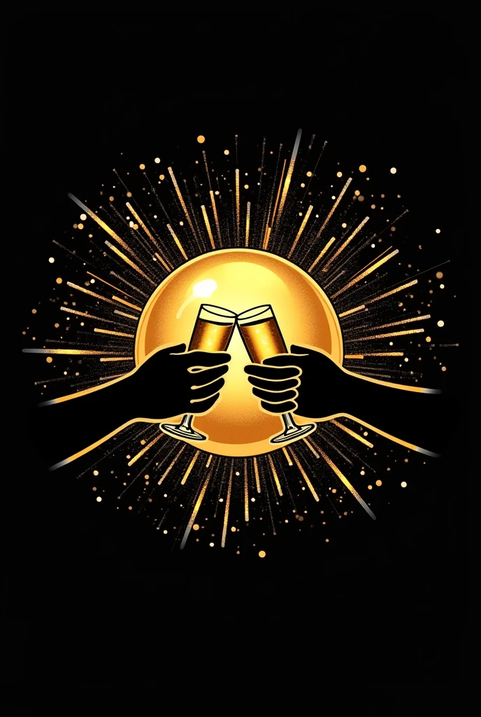 Create a logo in black and gold with a ball and in the center two hands toasting with a glass, and fireworks in the background